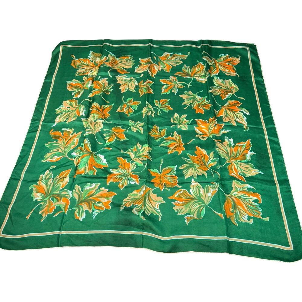 VTG Womens green silk scarf with orange leaf pattern. 34 inch square. luxury
